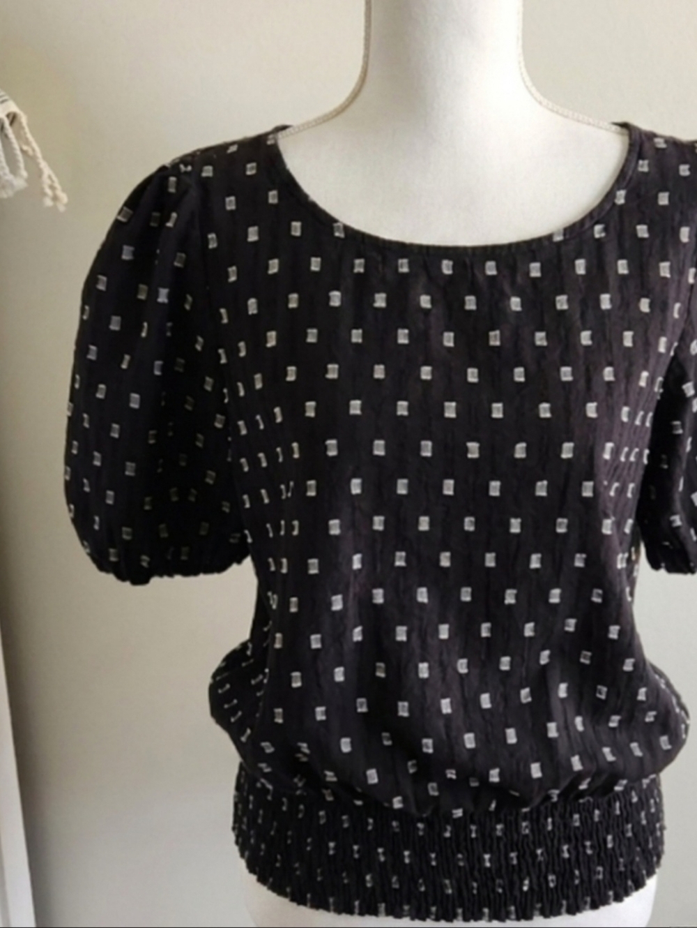 ANN TAYLOR BLACK PUFF SLEEVE BLOUSE WITH SMOCKED WAIST